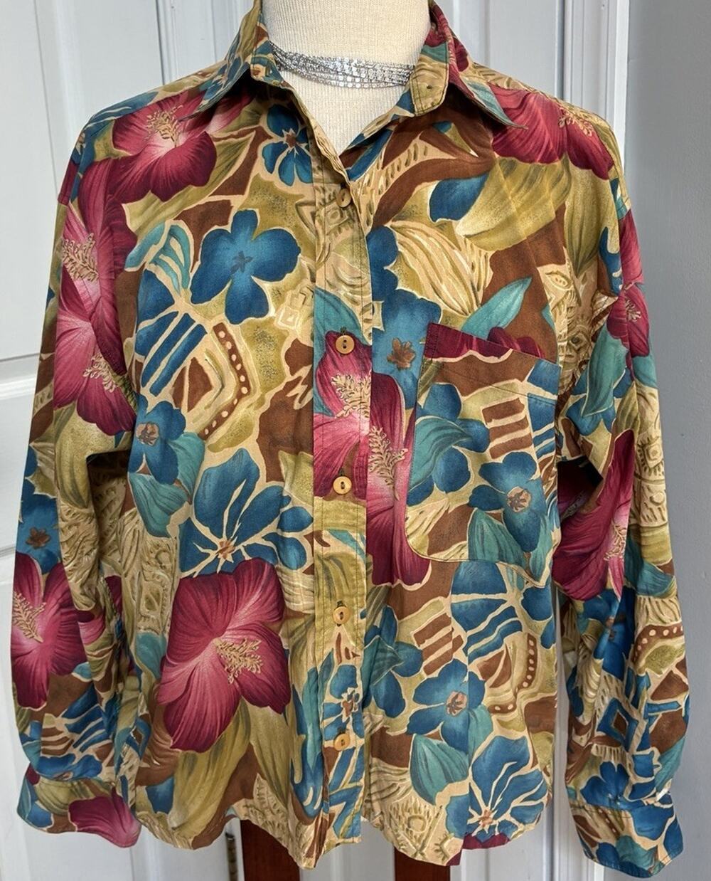 Vintage 80s Banana Republic Safari Travel Tropical Cotton Blouse Top Womens M